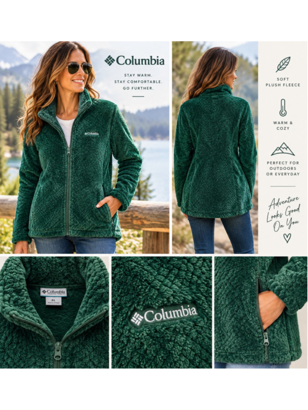 Columbia Sportswear Women’s XL Green Plush Fleece Full Zip Jacket Cozy Outdoor